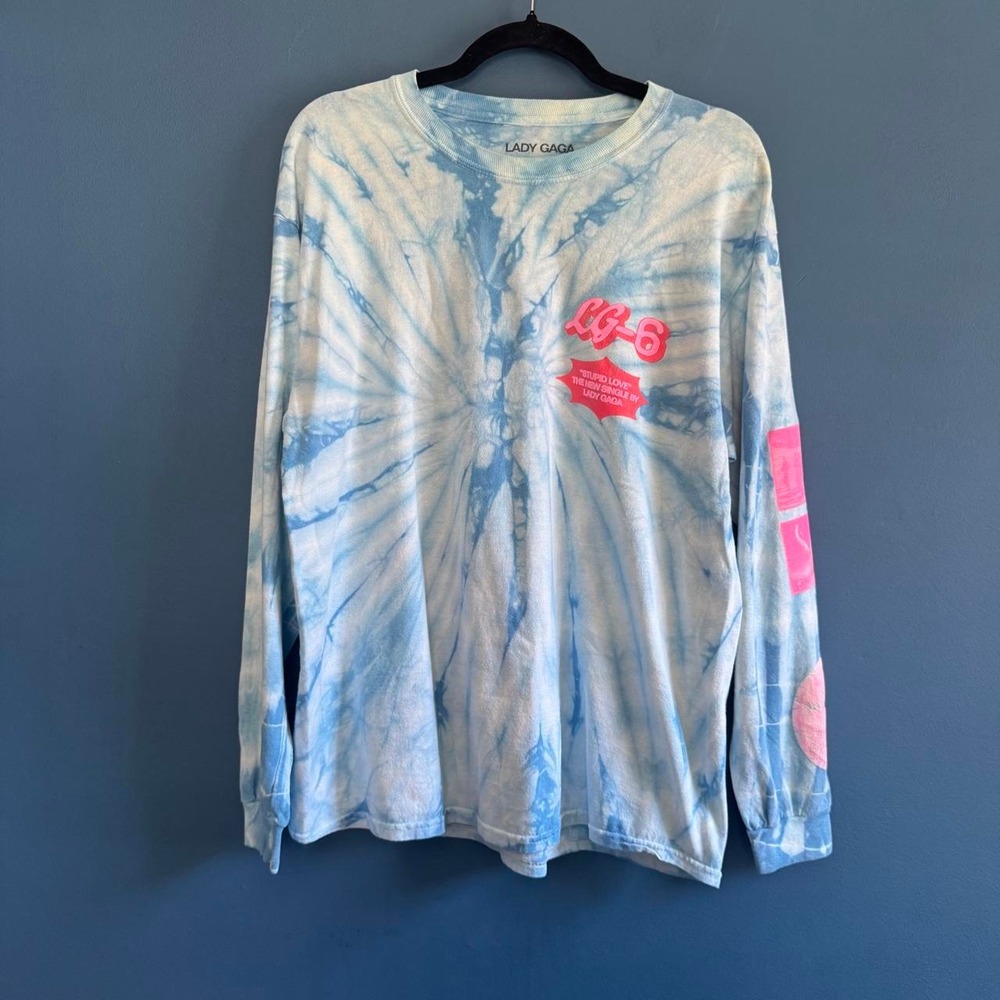 Lady Gaga Stupid Love T Shirt Size Large Blue Tie Dye LG6 Long Sleeve Cotton
